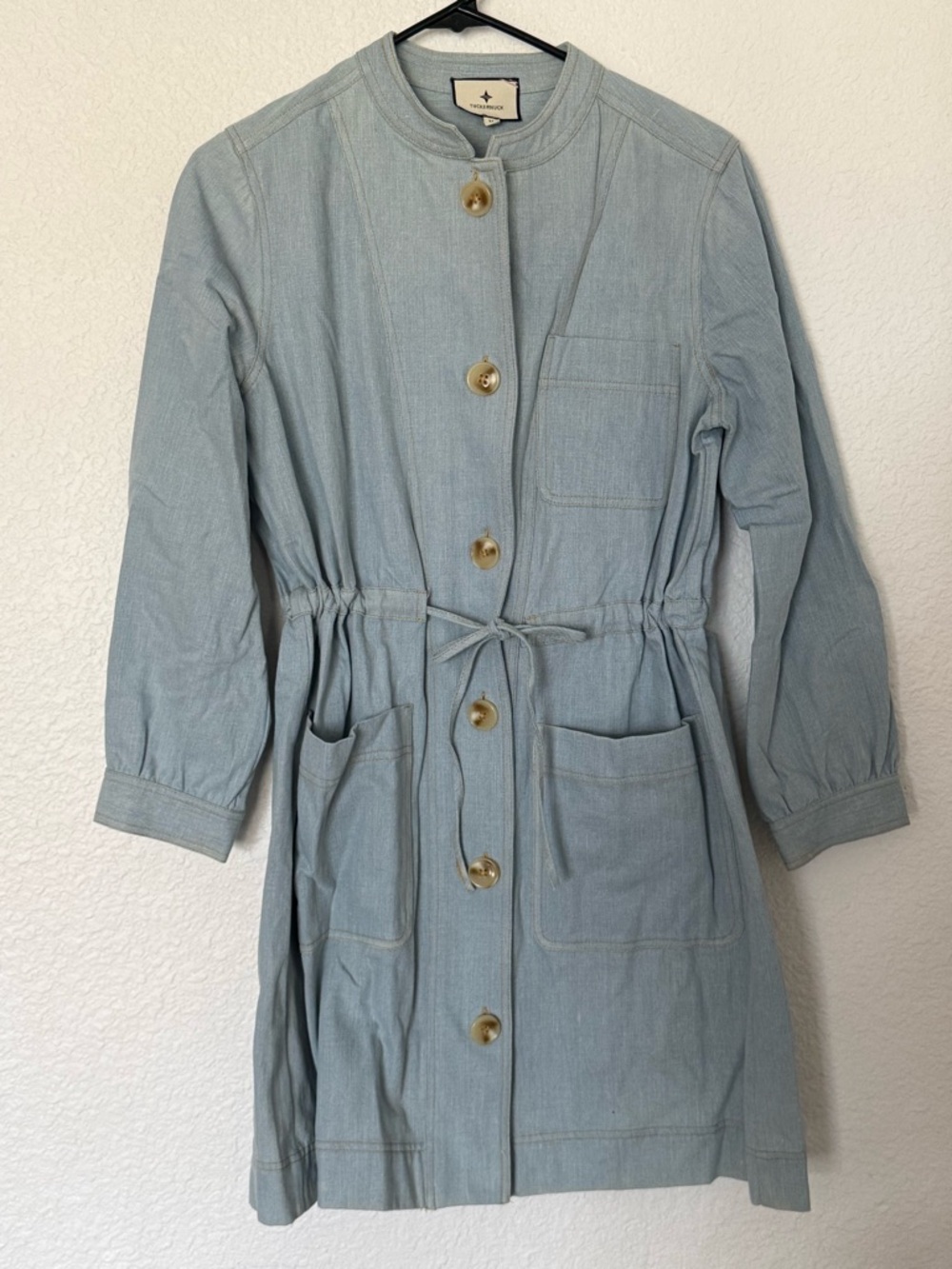 Tuckernuck Crosby Chambray Dress Button Front Tie Waist Pockets Light Blue - Picture 7 of 15